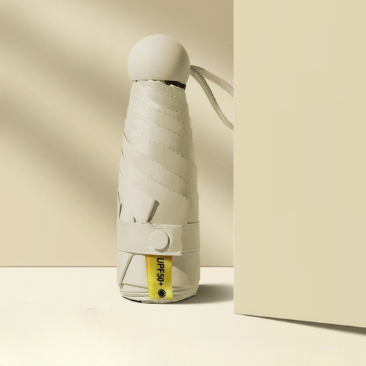 Beige Compact 5-Fold 6-Bone Manual Umbrella with UV Protection