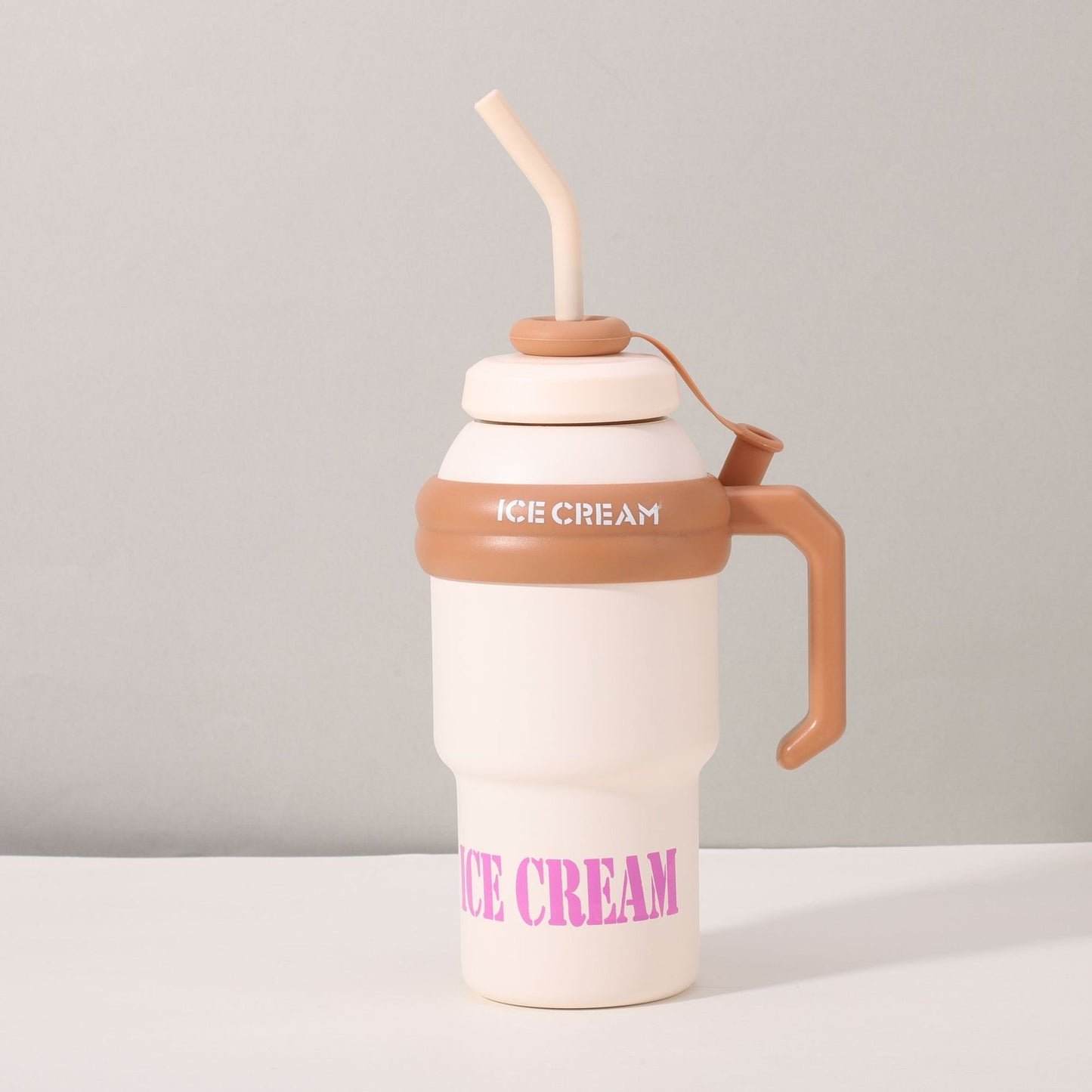 Beige Stunning Stainless Steel Tumbler with Handle & Straw