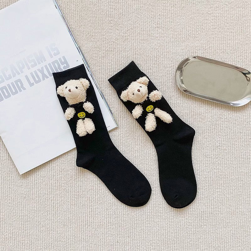 Black 3D Cute Bear Crew Socks