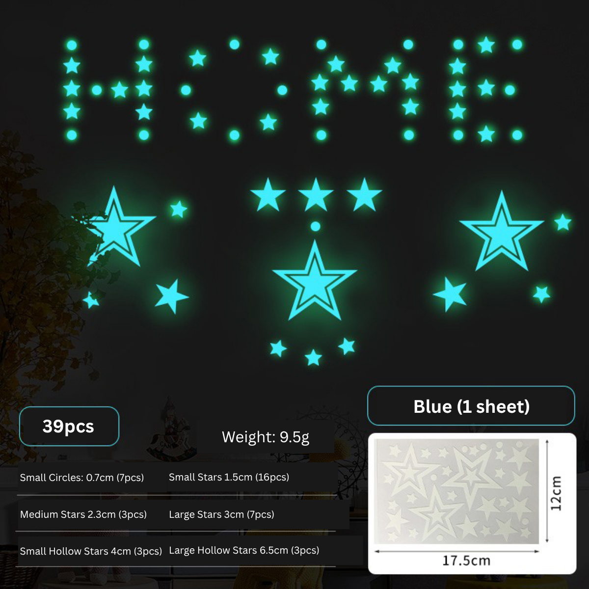 Blue Luminous Glow-In-The-Dark Star Wall Stickers