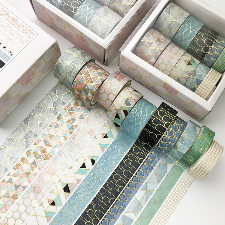 Geometric Pattern 10-Roll Hot Stamping Washi Tape Set for DIY Crafts & Journals