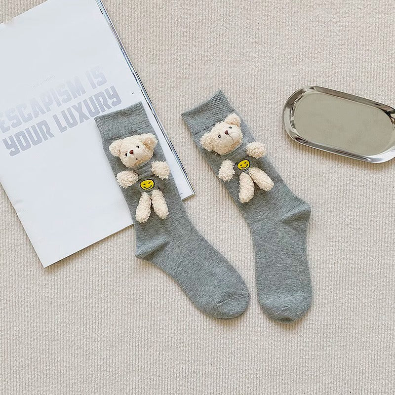 Grey 3D Cute Bear Crew Socks