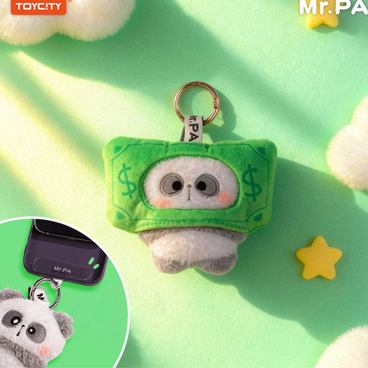 Cute Hidden Variant Mr. PA Daily Office Life Panda Plush Bag Charm with a green hat. It can also be used as a phone chain