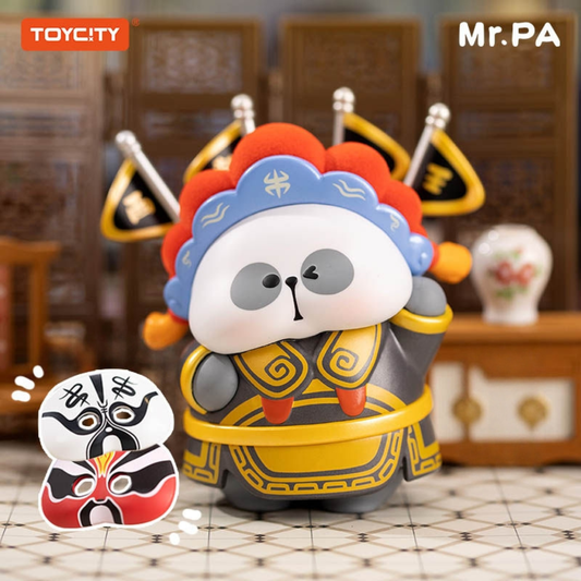 Hidden Variant Mr. PA with Beijing Opera costume. There are two masks that can be worn on the toy's face, and the flags at the back can be removed.