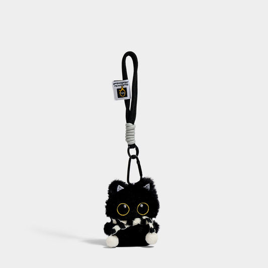 Black Cat with Scarf Plush Bag Charm Black & White