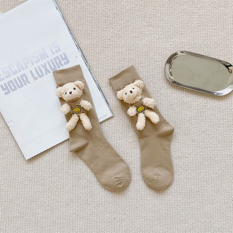 Khaki 3D Cute Bear Crew Socks