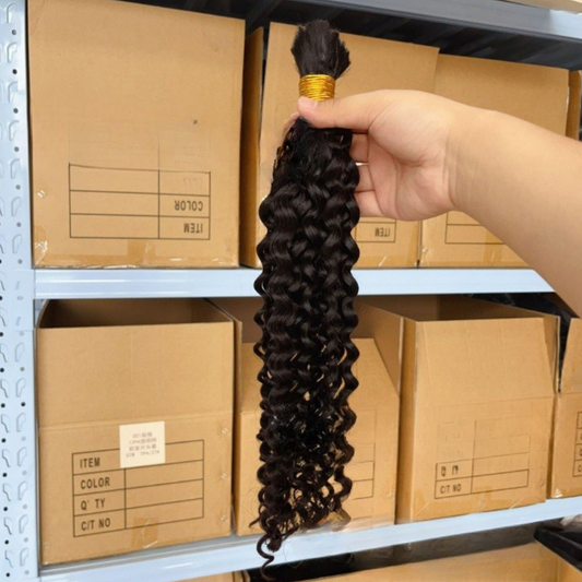 LSY Hair - Natural Black Deep Curl Bulk Human Hair Extension on hand