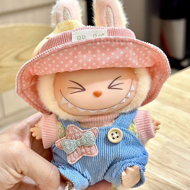 Labubu Clothes Blue Overalls with Pink Hat