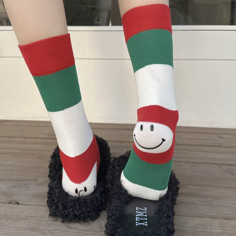 Cute Smiley Face Crew Length Socks for Christmas