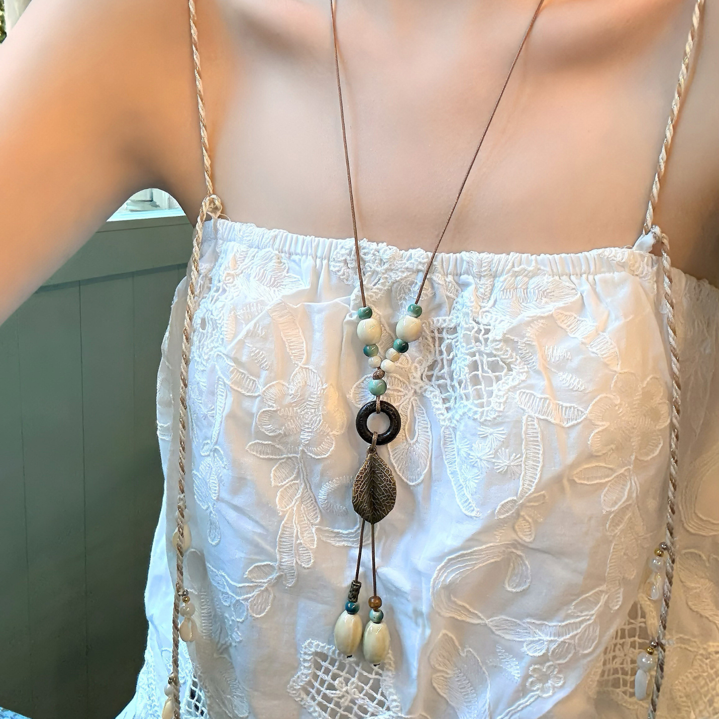 Peach Tea - Natural Stone & Ceramic Long Pendant Necklace