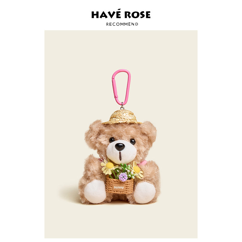 HAVEROSE - Original Teddy Bear with Flower Basket Bag Charm Pink