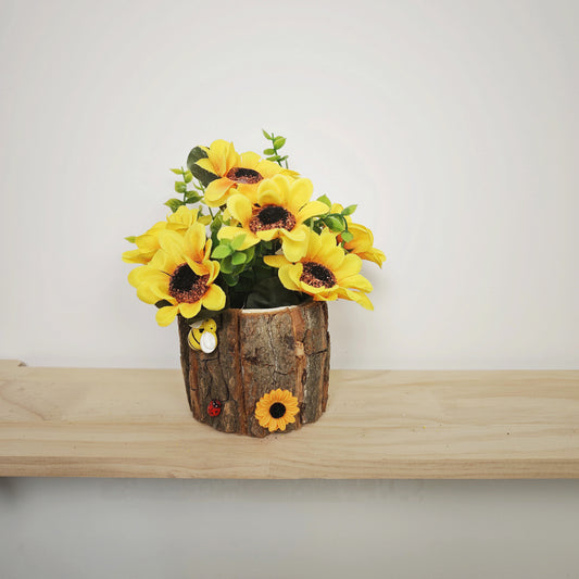 Sunflower Cute Tree Stump Pot with Faux Flower