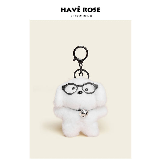 White Cute Standing Puppy with Glasses Plush Bag Charm