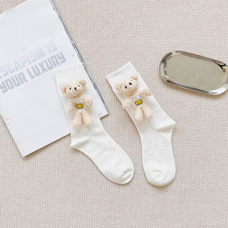 White 3D Cute Bear Crew Socks