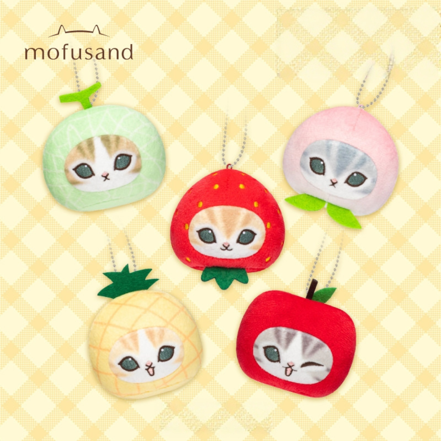 Cute mofusand cat-themed keychains shaped like fruits