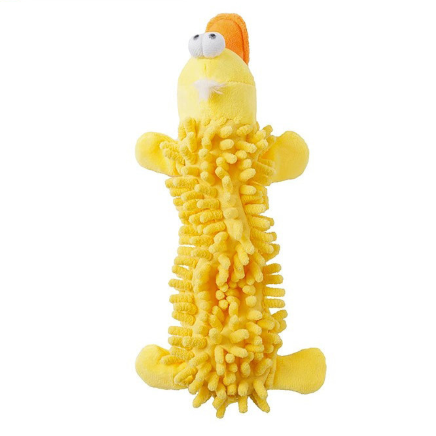 Fluffy and yellow toy duck with big eyes and an orange mouth. It's good for pets to play alone or with their owners. It can also clean their teeth when pets play.