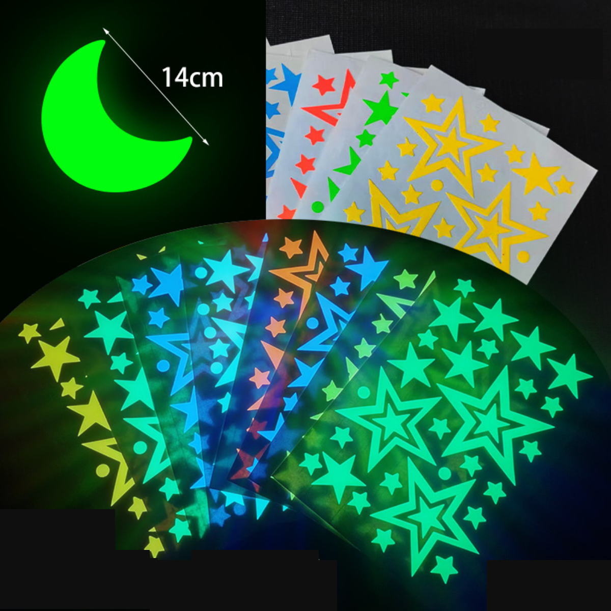 8 + Half Moon - Luminous Glow-In-The-Dark Star Wall Stickers