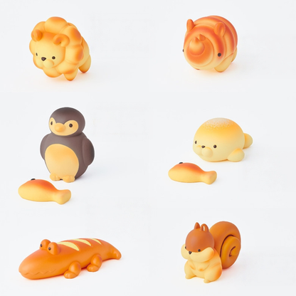 All variants of cute animal figurines. Penguin Bread, Squirrel Bread, Lion Bread, Rhino Bread, Seal Bread and Crocodile Bread.