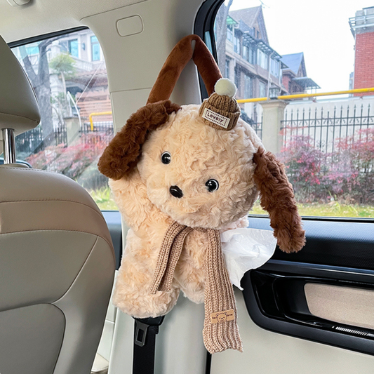 Beige Cute Plush Dog Car Tissue Holder Hanging Seat Back Decor
