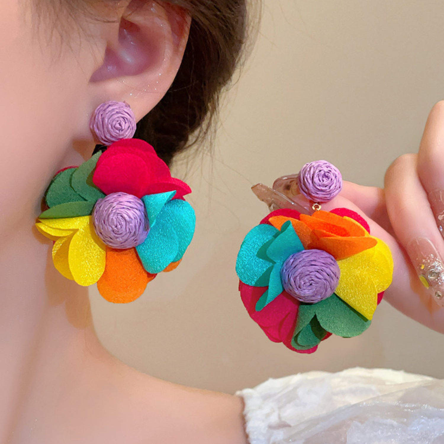 Colorful flower-shaped earrings, fashion and modern