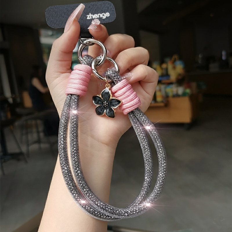 Black Sparkly Rhinestone Phone Wrist Strap with Flower Charm