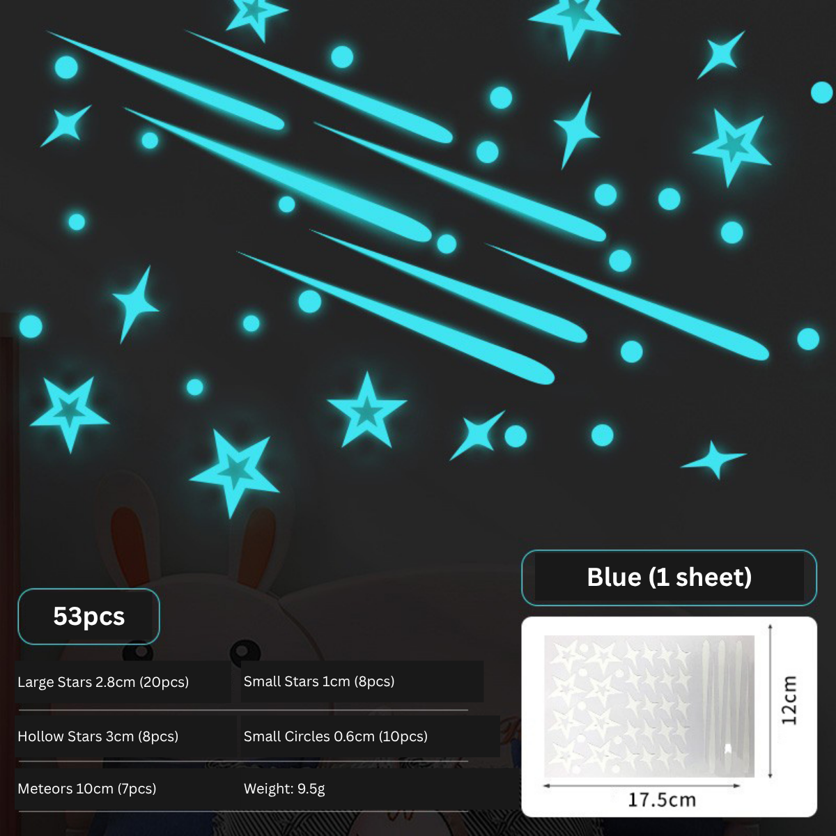 Blue Glow-in-the-Dark Meteor & Star Wall Stickers