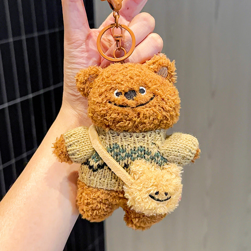 Brown Tilted-Head Sweater Bear with Bag Plush Bag Charm