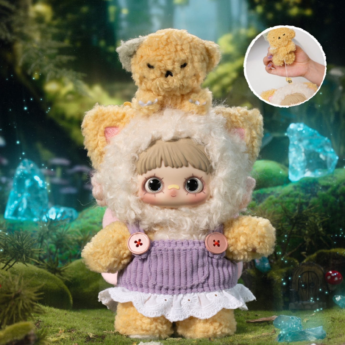 Cute Cat MAYMEI is in yellow colour, wearing a purple dress. There is also a little cat on the top of plush toy. It’s the hidden variant.