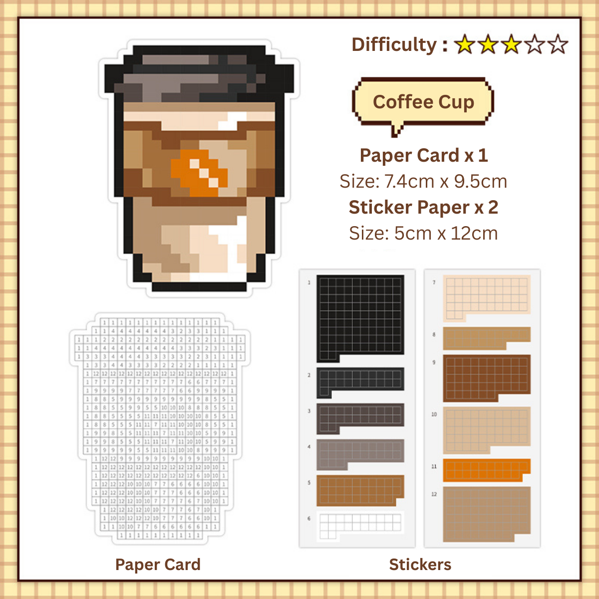 Pixel art coffee cup design with paper card and stickers on a beige background