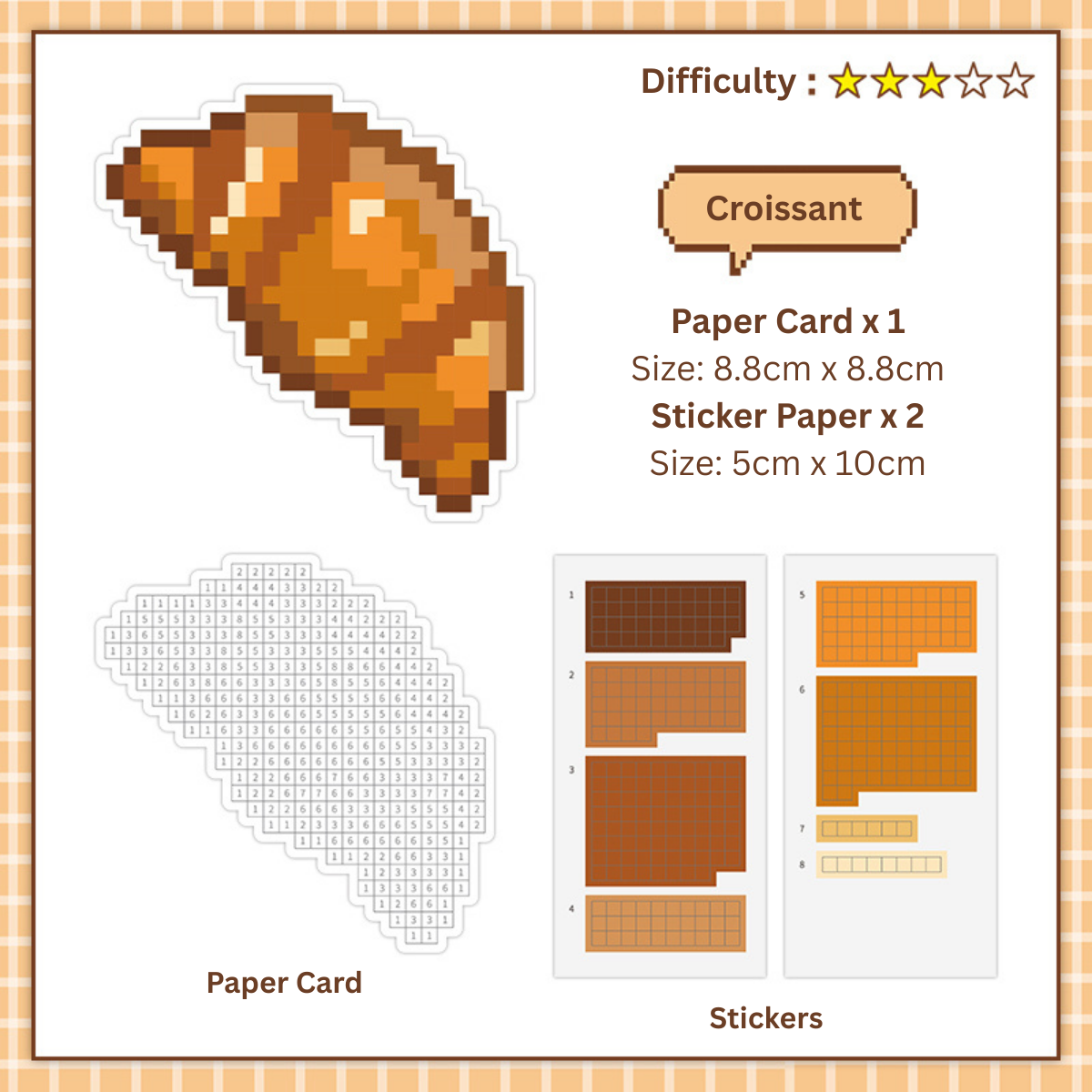 Pixelated croissant paper card with dimensions and material details on a checkered background
