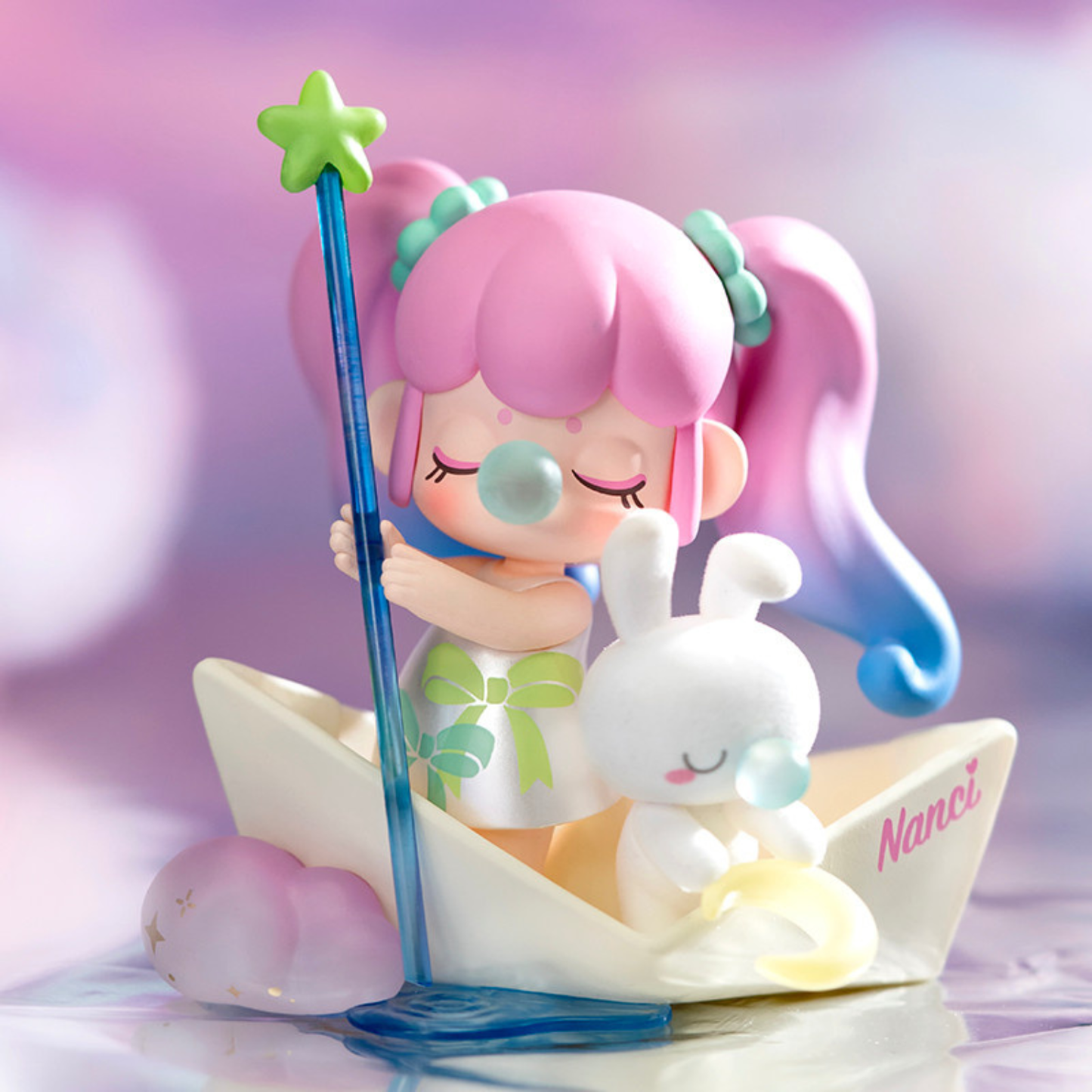 Colourful and beautiful Nanci's Dreamland Ferry with pink hair and a white rabbit in a boat 