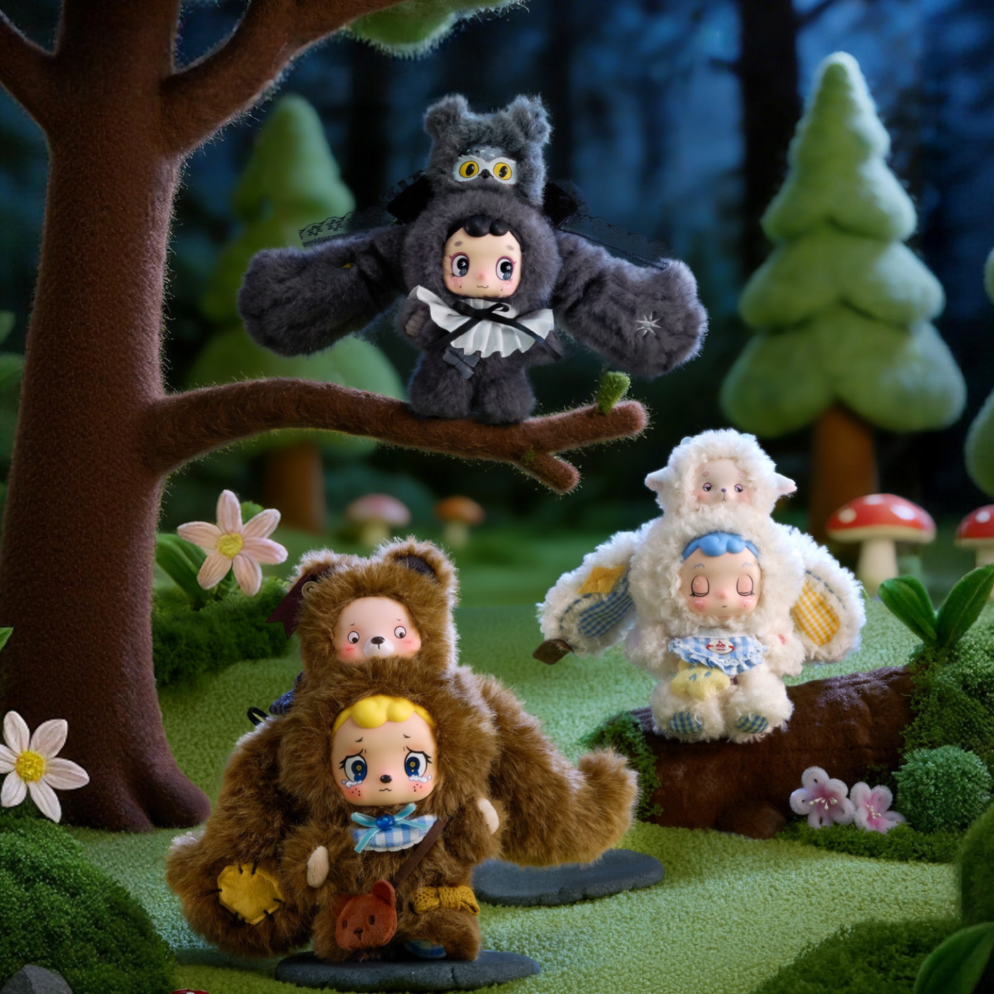 Three cute FOFO forest plush toys are in the figures of a bear, owl, and sheep. They have exquisite clothing and expressive facial expressions.
