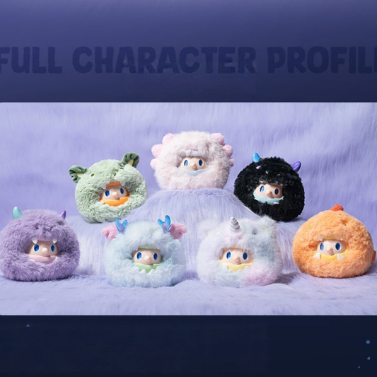 Set of colorful plush toys with different designs. There are six regular variants and one hidden variant. They are really cute and all of them have their own meanings in order to bring good luck to people's lives