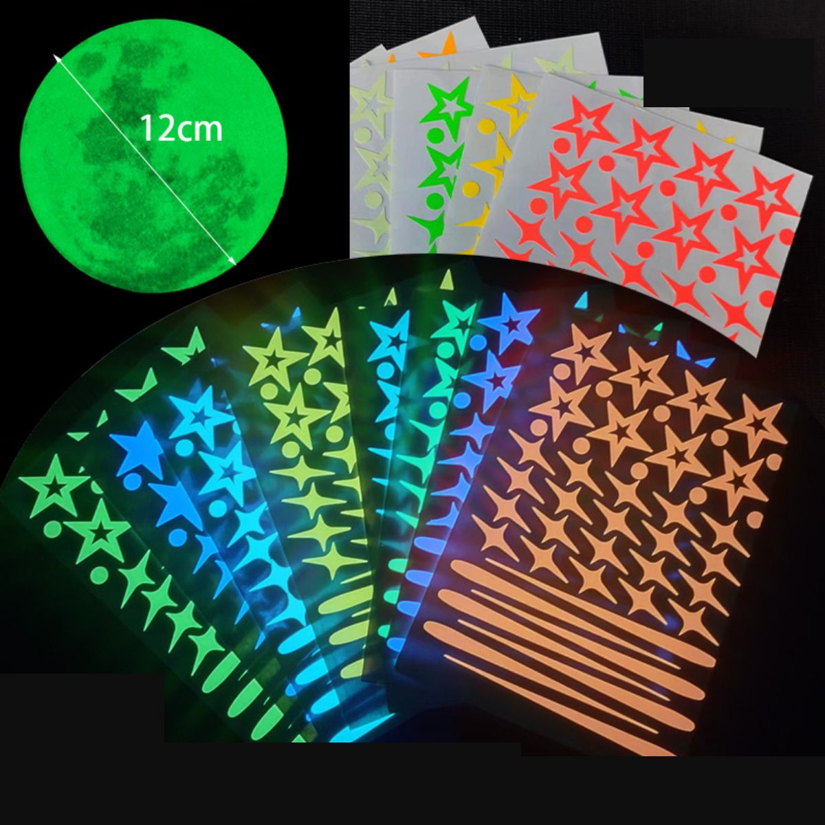 Set of 8 + Full Moon Glow-in-the-Dark Meteor & Star Wall Stickers