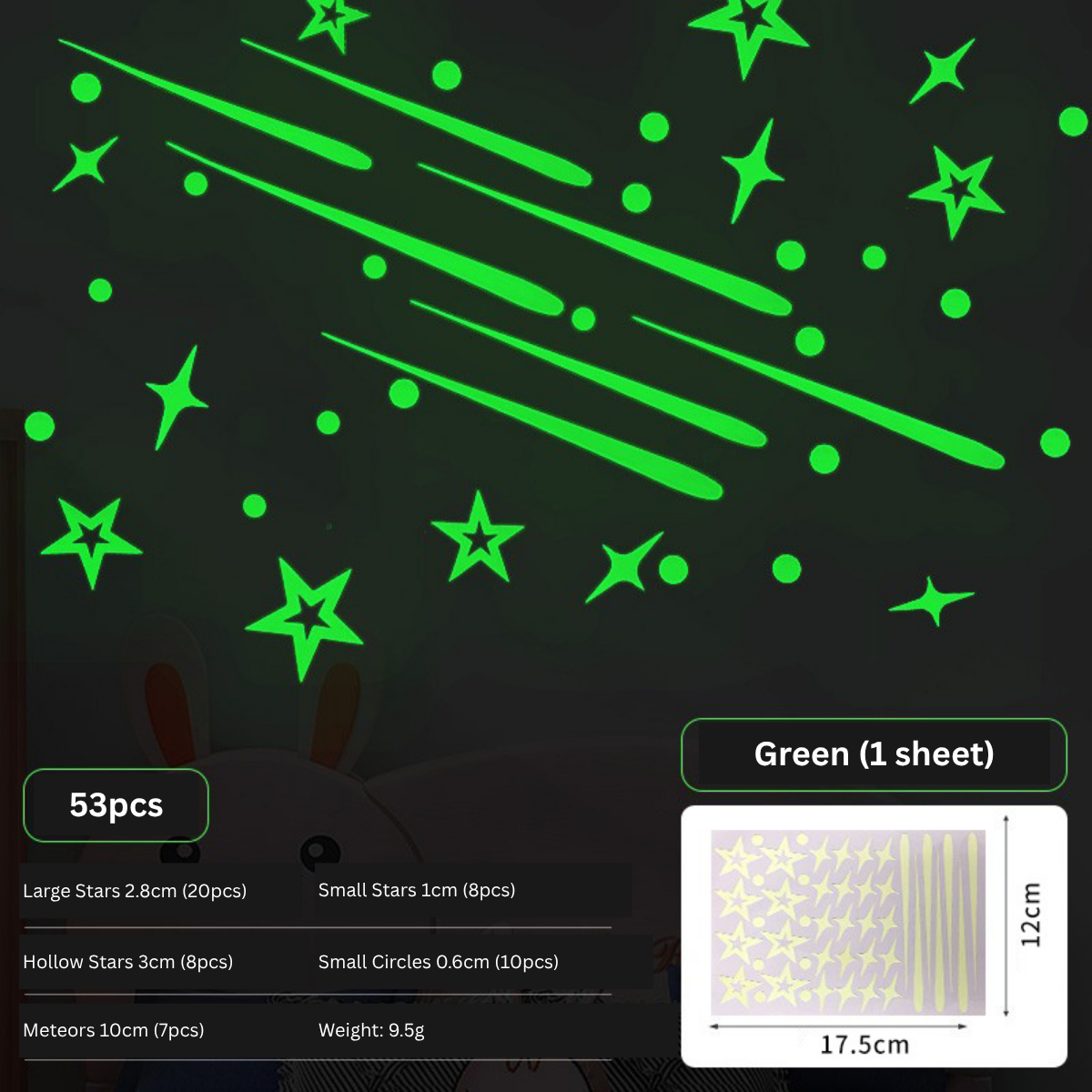 Green Glow-in-the-Dark Meteor & Star Wall Stickers