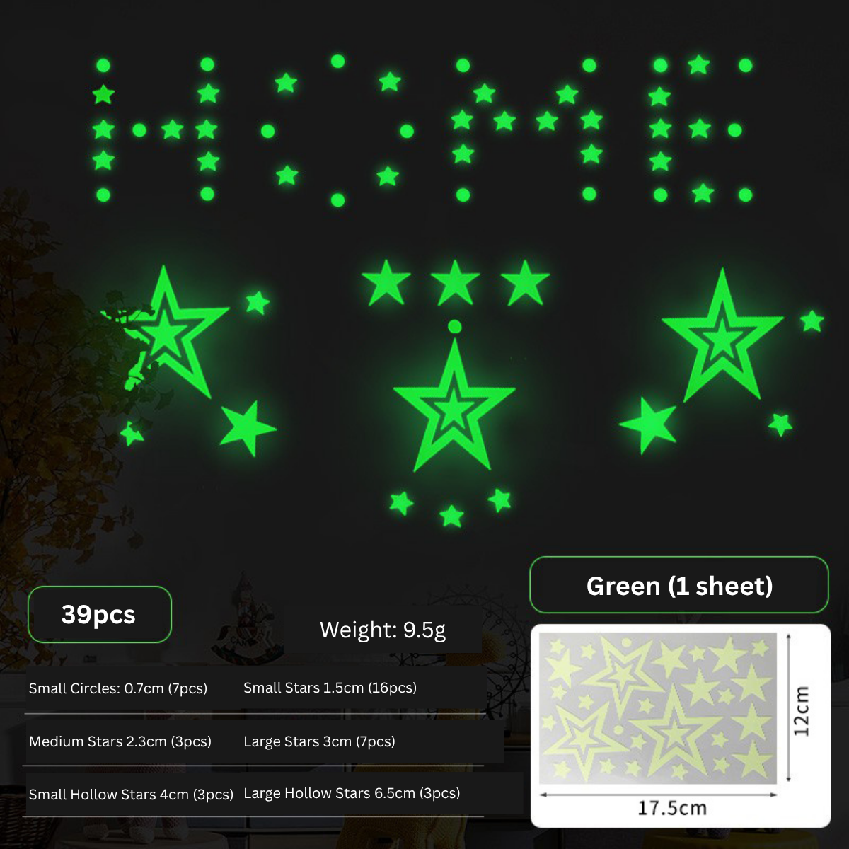 Green Luminous Glow-In-The-Dark Star Wall Stickers