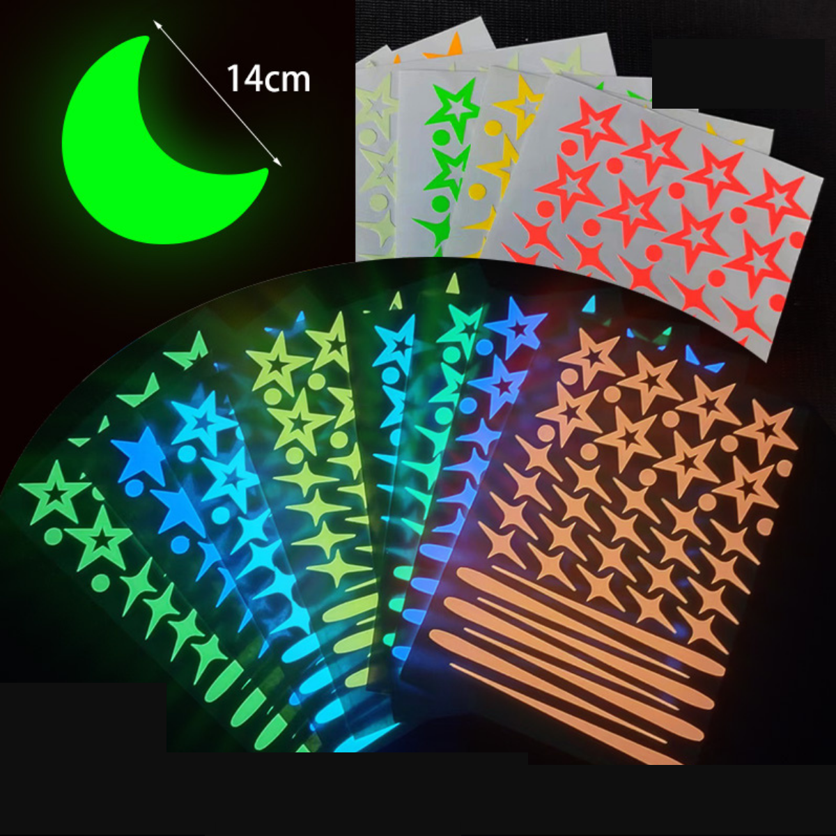 Set of 8 + Half Moon Glow-in-the-Dark Meteor & Star Wall Stickers