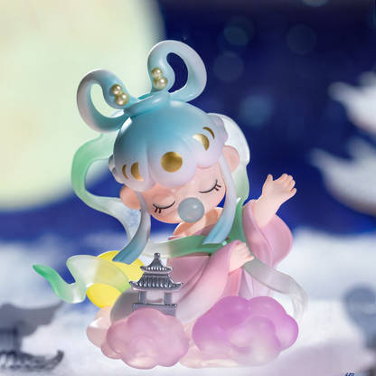 Head for Moon Nanci figure, pastel blue hair girl sitting on pink clouds with moon and pavilion, elegant Chinese fantasy style.