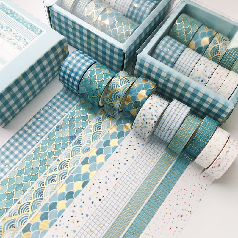 Blue 10-Roll Hot Stamping Washi Tape Set for DIY Crafts & Journals