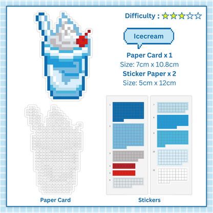 Ice cream-themed paper card and sticker set with dimensions and difficulty rating.