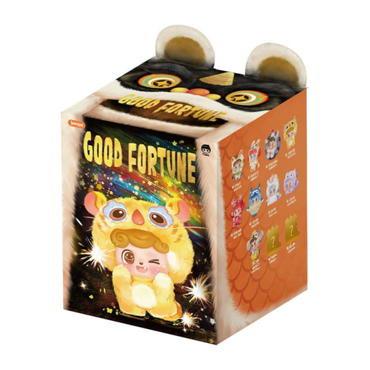 Q kid figure in packaging with 'Good Fortune' text and colorful design