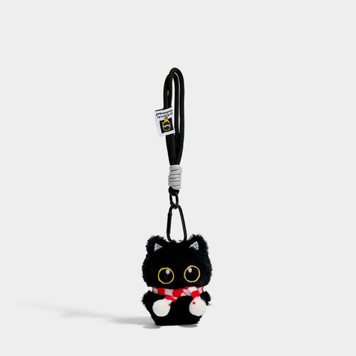 Black Cat with Scarf Plush Bag Charm Red & White