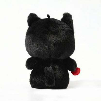 Black plush toy  called Koko the skeleton with red heart on a white background