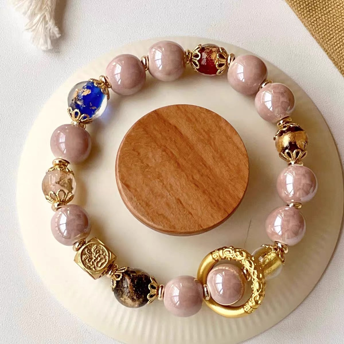 Lama Temple Official Store - Incense Ash Porcelain & Glass Bracelet Pink