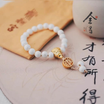 Lama Temple Official Store - Porcelain & Glass Bead Bracelet White & gold