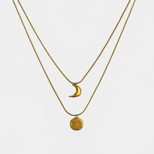Layered Sun &amp; Moon Pendant Necklace Gold