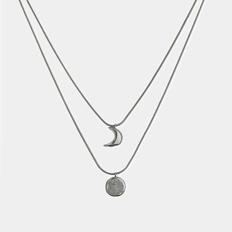 Layered Sun &amp; Moon Pendant Necklace Silver