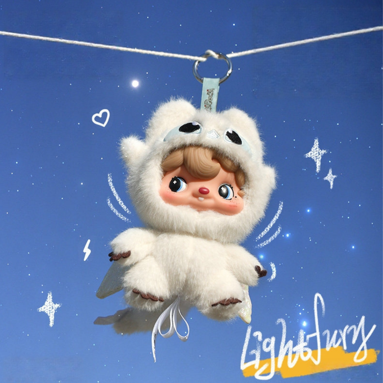 Light Furry plush toy is really cute in white colour. It has shiny eyes and wear white dragon clothes.