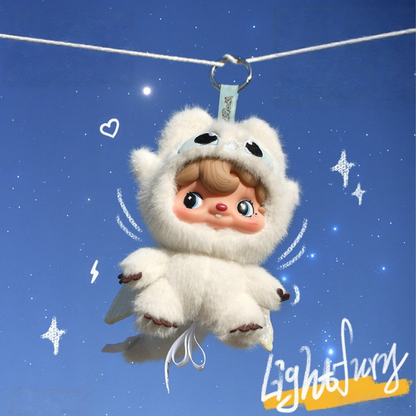 Light Furry plush toy is really cute in white colour. It has shiny eyes and wear white dragon clothes.