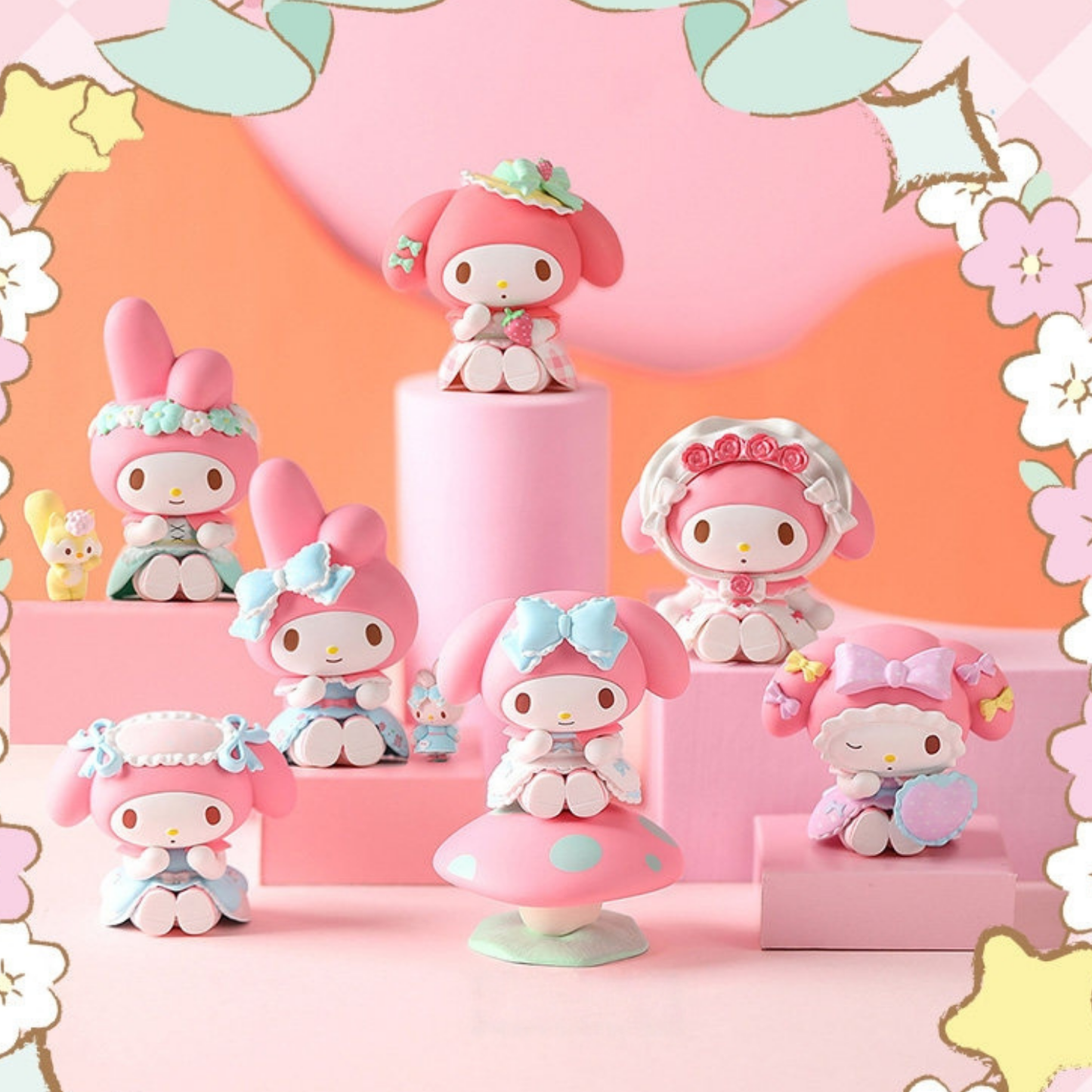 Pink and Cute My Melody Forest Party Blind Box. They have different decorations, poses and expressions.